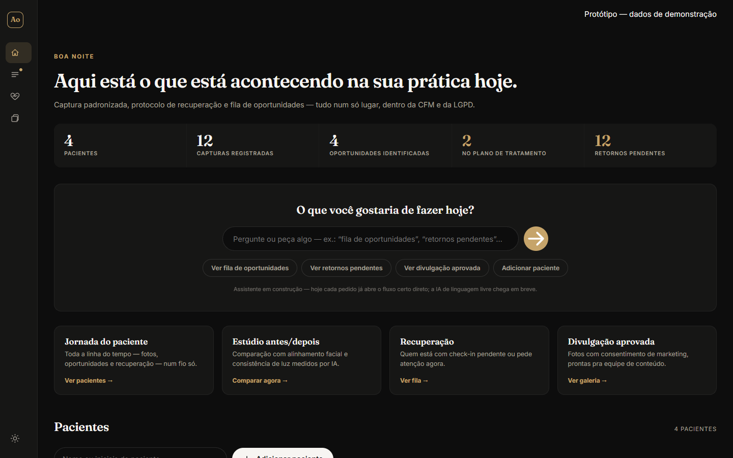 Painel do AestheticOS mostrando KPIs da prática e módulos de estúdio, oportunidades, recuperação e divulgação